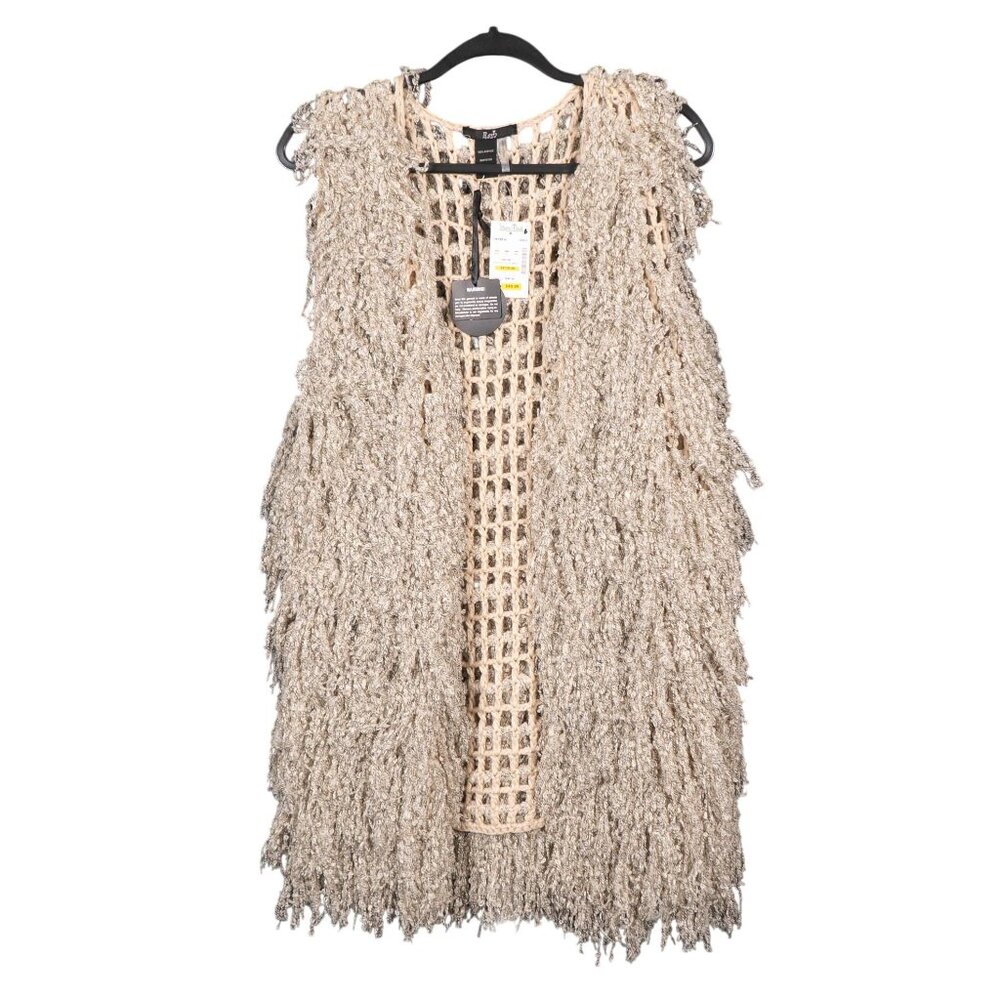 Rain Boho Shaggy Knit Open Vest L NEW Fringed Acrylic Crochet Lagenlook Long